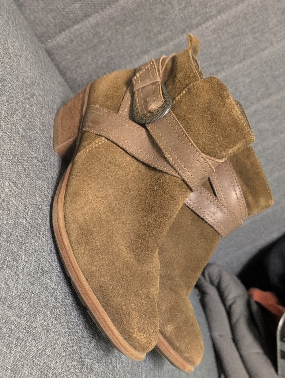 Earth Tan Suede Ankle Booties with Strap & Buckle